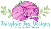 A curled up sleeping hot pink and purple fox painted with green vines growing behind it and from it's fur. This artwork is painted in watercolor and there is teal text that reads "Fairytale Fox Designs" in cursive brush-like letters and "art by Jennifer Charlee" in a sans serif font.